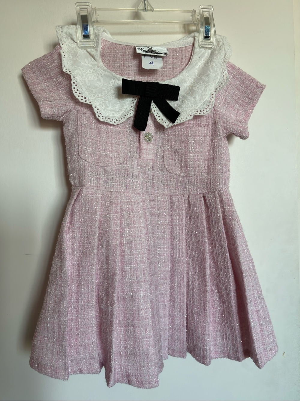 Rare editions sz 2T Girls Pink tweed bouclé Lace Collar Bow Dress Sparkly